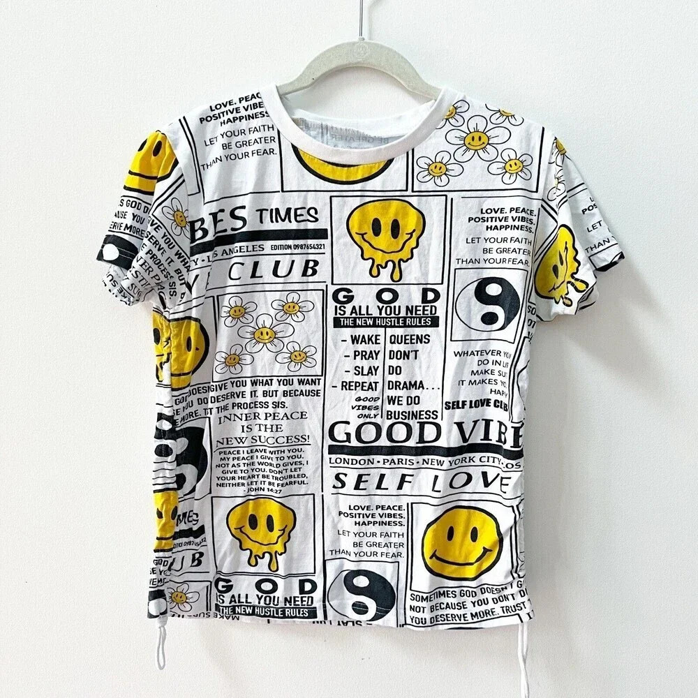 On Fire Womens Allover Graphic White T-Shirt “God is all you need” Large Smiley